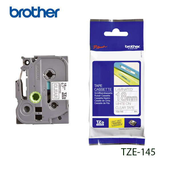 CINTA BROTHER TZE-145 LETRA BLANCA SOBRE FONDO TRANSPARENTE 18MM (3/4") X 8 MTS TZE145