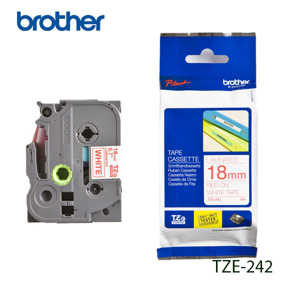 CINTA BROTHER TZE-242 LETRA ROJA SOBRE FONDO BLANCO 18MM (3/4") X 8 MTS TZE242
