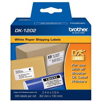 ETIQUETAS BROTHER DK-1202 DE PAPEL BLANCO PARA ENVÍOS DE 2,4 PULG. X 3,9 PULG. (62 MM X 100 MM) (300 ETIQUETAS) DK1202