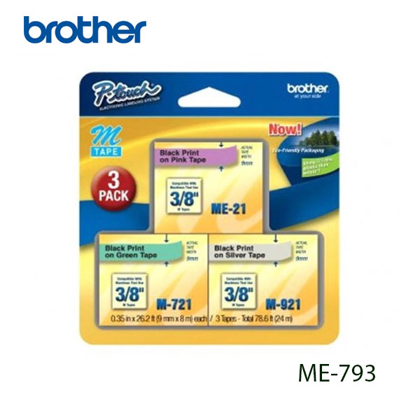 CINTA BROTHER M-E793 DE 9MM (3/8") COLOR NEGRO - ROSA, NEGRO - VERDE, NEGRO - PLATEADO ME793