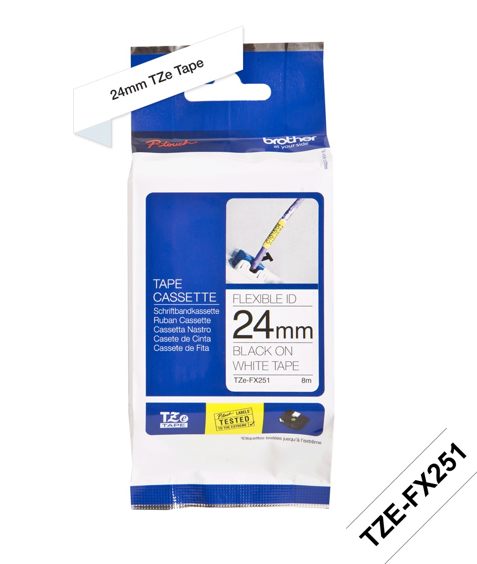 CINTA BROTHER TZE-X251 LETRA NEGRA SOBRE FONDO BLANCO DE 24MM (1") ID FLEXIBLE TZEFX251